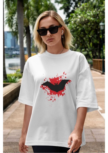 Halloween Ön Baskılı Beyaz Oversize T-Shirt Erkek Kadın Bisiklet Yaka indirimleri