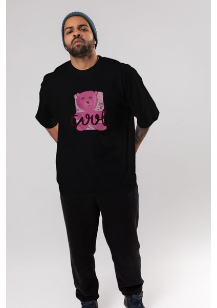 Cool Style Bear Ön Baskılı Siyah Oversize T-Shirt Erkek Kadın Bisiklet Yaka