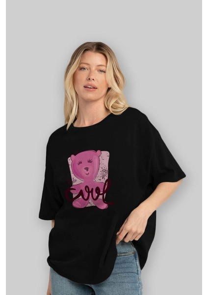 Cool Style Bear Ön Baskılı Siyah Oversize T-Shirt Erkek Kadın Bisiklet Yaka modelleri