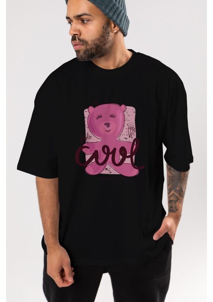 Cool Style Bear Ön Baskılı Siyah Oversize T-Shirt Erkek Kadın Bisiklet Yaka fırsatları