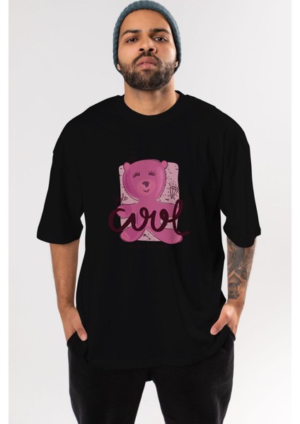 Cool Style Bear Ön Baskılı Siyah Oversize T-Shirt Erkek Kadın Bisiklet Yaka indirimleri