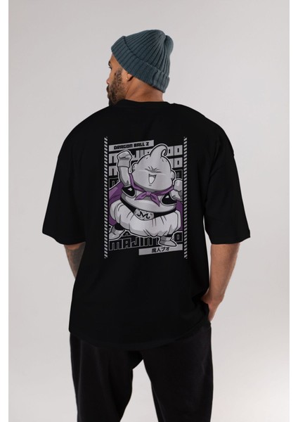 Majın Boo2 Anime Arka Baskılı Siyah Oversize T-Shirt Erkek Kadın modelleri