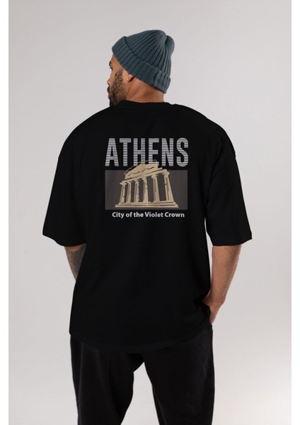 Athens Arka Baskılı Siyah Oversize T-Shirt Erkek Kadın Bisiklet Yaka fırsatları
