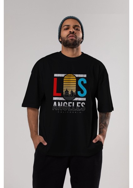 Los Angeles Yazılı Ön Baskılı Siyah Oversize T-Shirt Erkek Kadın Bisiklet Yaka
