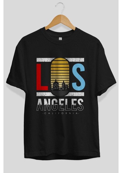 Los Angeles Yazılı Ön Baskılı Siyah Oversize T-Shirt Erkek Kadın Bisiklet Yaka fiyatları