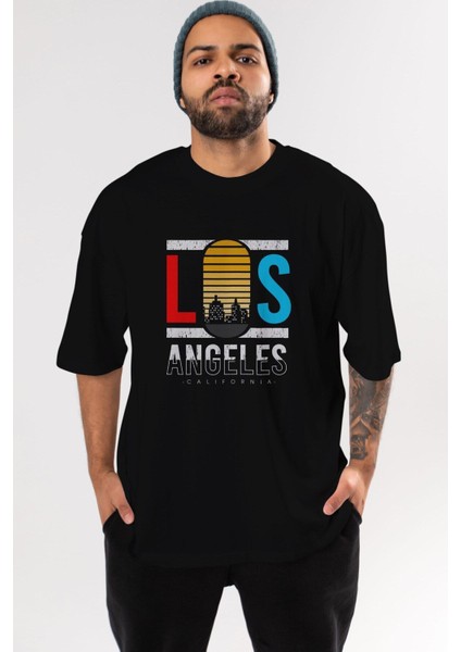Los Angeles Yazılı Ön Baskılı Siyah Oversize T-Shirt Erkek Kadın Bisiklet Yaka modelleri