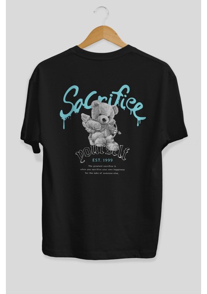 Sacrifice Yourself Bear Arka Baskılı Siyah Oversize T-Shirt Erkek Kadın Bisiklet Yaka