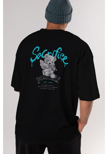 Sacrifice Yourself Bear Arka Baskılı Siyah Oversize T-Shirt Erkek Kadın Bisiklet Yaka fiyatları