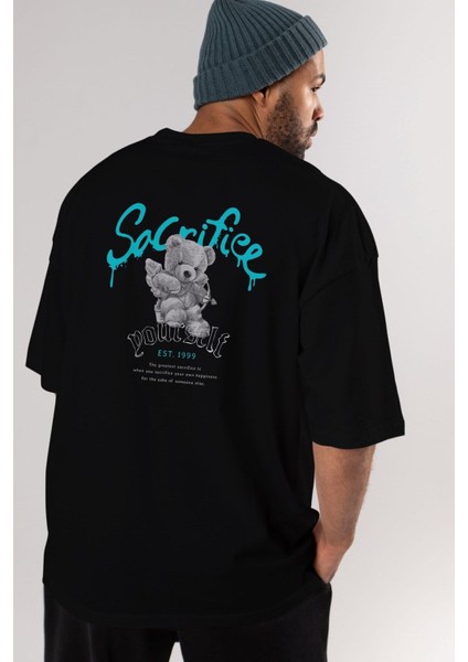 Sacrifice Yourself Bear Arka Baskılı Siyah Oversize T-Shirt Erkek Kadın Bisiklet Yaka modelleri