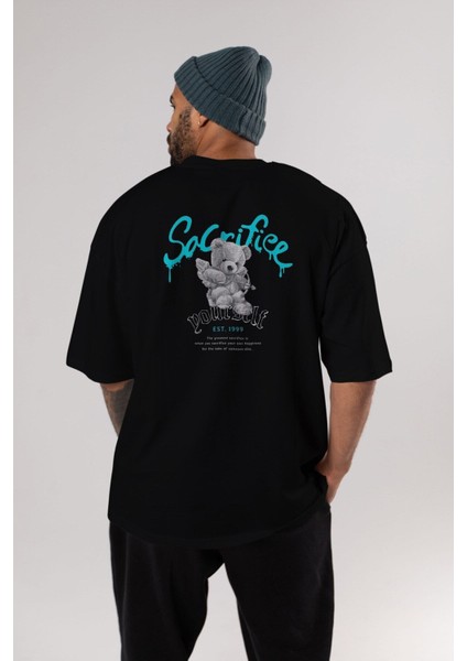 Sacrifice Yourself Bear Arka Baskılı Siyah Oversize T-Shirt Erkek Kadın Bisiklet Yaka indirimleri