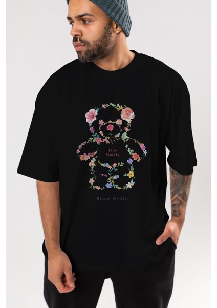 Teddy Bear Flowers Ön Baskılı Siyah Oversize T-Shirt Erkek Kadın Bisiklet Yaka