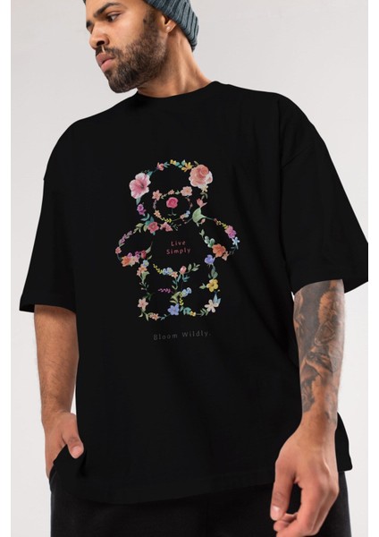 Teddy Bear Flowers Ön Baskılı Siyah Oversize T-Shirt Erkek Kadın Bisiklet Yaka fiyatları
