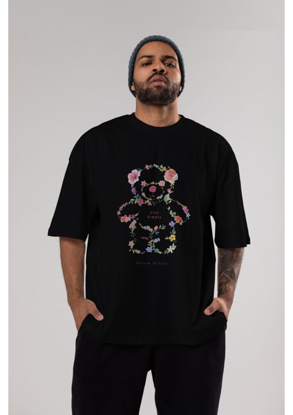 Teddy Bear Flowers Ön Baskılı Siyah Oversize T-Shirt Erkek Kadın Bisiklet Yaka indirimleri