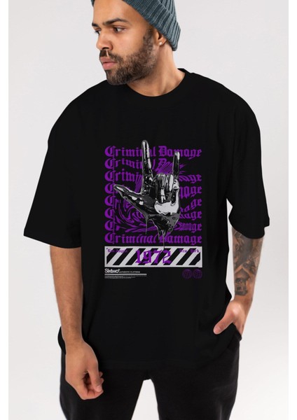 Criminal Damage Ön Baskılı Siyah Oversize T-Shirt Erkek Kadın Bisiklet Yaka