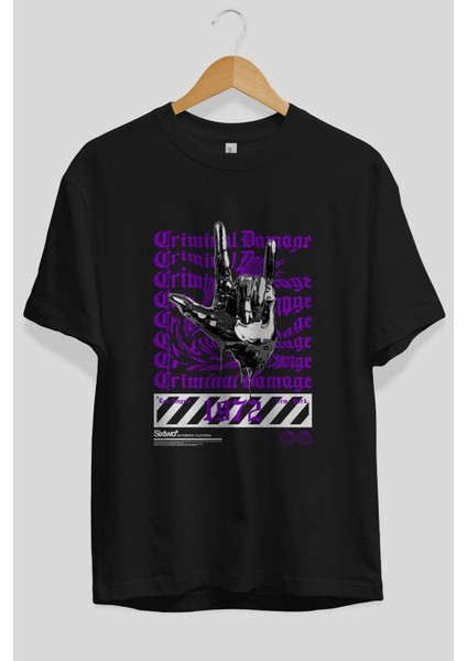Criminal Damage Ön Baskılı Siyah Oversize T-Shirt Erkek Kadın Bisiklet Yaka fiyatları