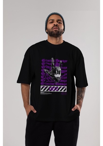 Criminal Damage Ön Baskılı Siyah Oversize T-Shirt Erkek Kadın Bisiklet Yaka fırsatları