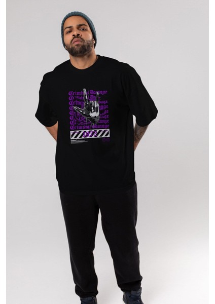 Criminal Damage Ön Baskılı Siyah Oversize T-Shirt Erkek Kadın Bisiklet Yaka indirimleri