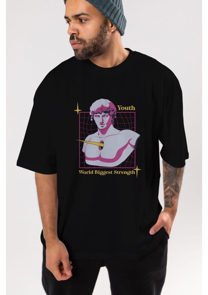 Youth Ön Baskılı Siyah Oversize T-Shirt Erkek Kadın Bisiklet Yaka