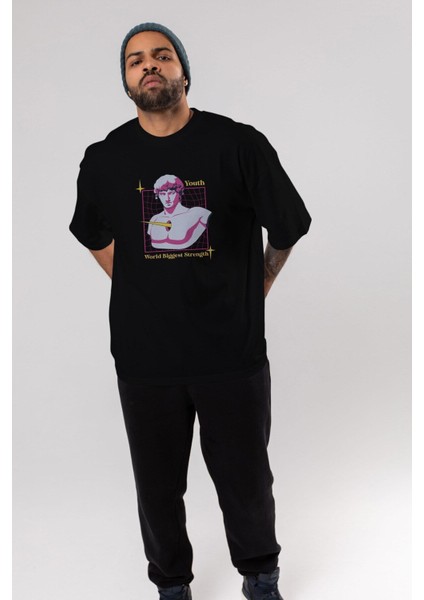 Youth Ön Baskılı Siyah Oversize T-Shirt Erkek Kadın Bisiklet Yaka modelleri