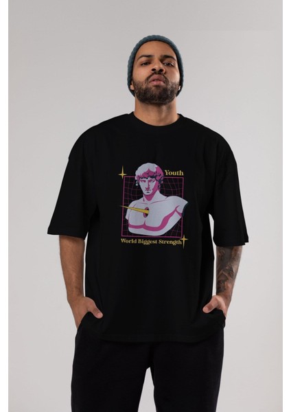 Youth Ön Baskılı Siyah Oversize T-Shirt Erkek Kadın Bisiklet Yaka fırsatları