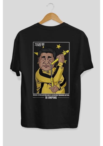 Xi Jinping Bruce Lee Arka Baskılı Siyah Oversize T-Shirt Erkek Kadın Bisiklet Yaka fiyatları