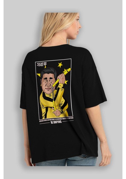 Xi Jinping Bruce Lee Arka Baskılı Siyah Oversize T-Shirt Erkek Kadın Bisiklet Yaka modelleri