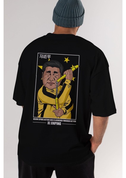 Xi Jinping Bruce Lee Arka Baskılı Siyah Oversize T-Shirt Erkek Kadın Bisiklet Yaka indirimleri