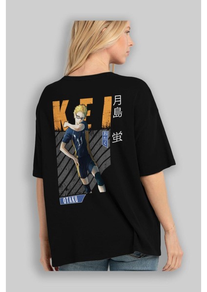 Kei Tsukishima 2 Anime Arka Baskılı Siyah Oversize T-Shirt Erkek Kadın fırsatları