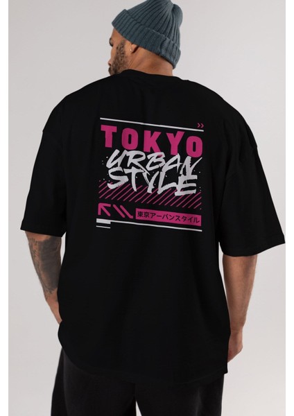 Tokyo Urban Style Arka Baskılı Siyah Oversize T-Shirt Erkek Kadın Bisiklet Yaka