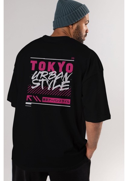 Tokyo Urban Style Arka Baskılı Siyah Oversize T-Shirt Erkek Kadın Bisiklet Yaka modelleri