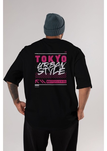 Tokyo Urban Style Arka Baskılı Siyah Oversize T-Shirt Erkek Kadın Bisiklet Yaka indirimleri