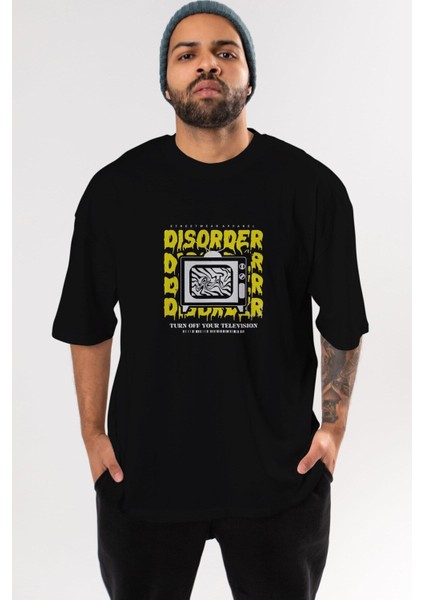 Disorder Streetwear Ön Baskılı Siyah Oversize T-Shirt Erkek Kadın Bisiklet Yaka