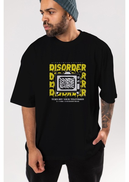 Disorder Streetwear Ön Baskılı Siyah Oversize T-Shirt Erkek Kadın Bisiklet Yaka fiyatları