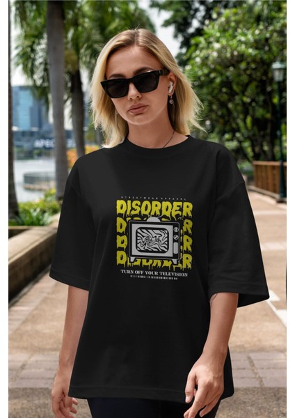 Disorder Streetwear Ön Baskılı Siyah Oversize T-Shirt Erkek Kadın Bisiklet Yaka fırsatları