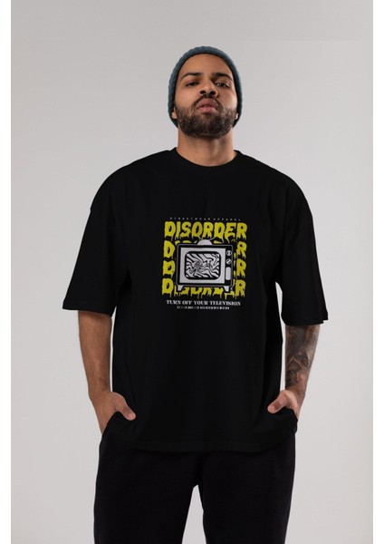 Disorder Streetwear Ön Baskılı Siyah Oversize T-Shirt Erkek Kadın Bisiklet Yaka indirimleri