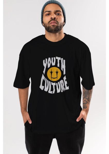 Youth Culture Ön Baskılı Siyah Oversize T-Shirt Erkek Kadın Bisiklet Yaka