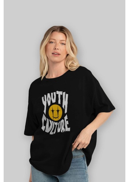 Youth Culture Ön Baskılı Siyah Oversize T-Shirt Erkek Kadın Bisiklet Yaka fiyatları