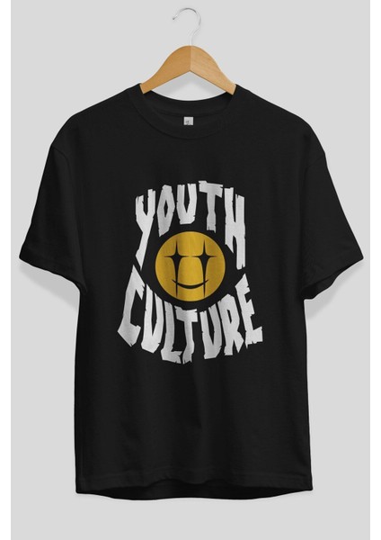 Youth Culture Ön Baskılı Siyah Oversize T-Shirt Erkek Kadın Bisiklet Yaka modelleri