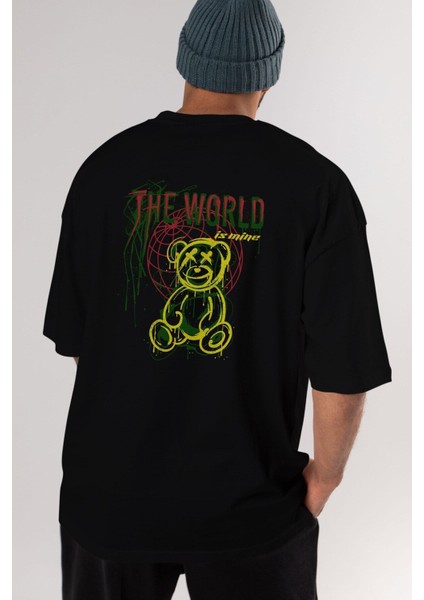 The World Is Mine Bear Arka Baskılı Siyah Oversize T-Shirt Erkek Kadın Bisiklet Yaka