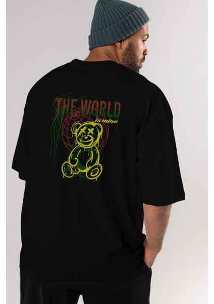 The World Is Mine Bear Arka Baskılı Siyah Oversize T-Shirt Erkek Kadın Bisiklet Yaka fiyatları