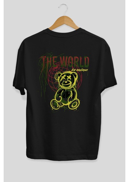 The World Is Mine Bear Arka Baskılı Siyah Oversize T-Shirt Erkek Kadın Bisiklet Yaka modelleri
