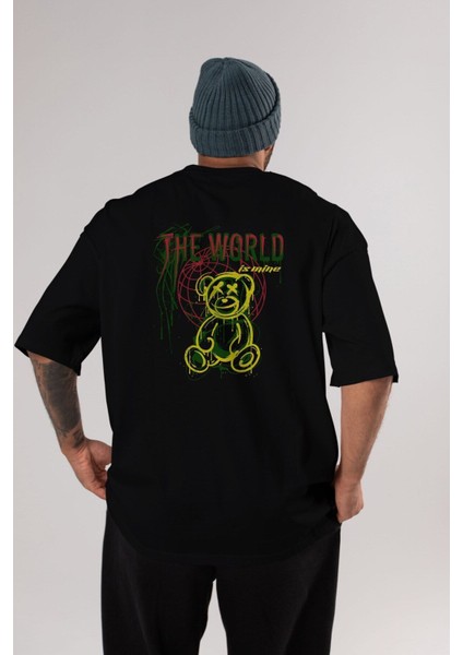 The World Is Mine Bear Arka Baskılı Siyah Oversize T-Shirt Erkek Kadın Bisiklet Yaka fırsatları