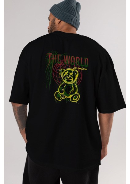The World Is Mine Bear Arka Baskılı Siyah Oversize T-Shirt Erkek Kadın Bisiklet Yaka indirimleri
