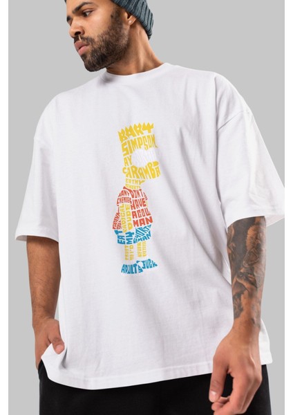 Bart Simpson Ön Baskılı Beyaz Oversize T-Shirt Erkek Kadın Bisiklet Yaka