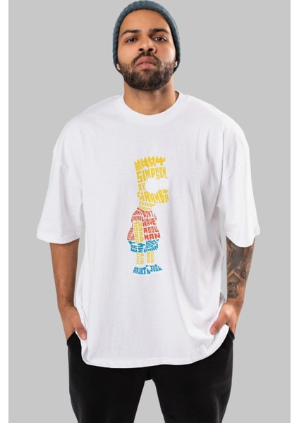 Bart Simpson Ön Baskılı Beyaz Oversize T-Shirt Erkek Kadın Bisiklet Yaka modelleri