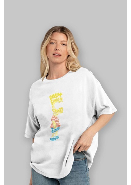 Bart Simpson Ön Baskılı Beyaz Oversize T-Shirt Erkek Kadın Bisiklet Yaka fırsatları