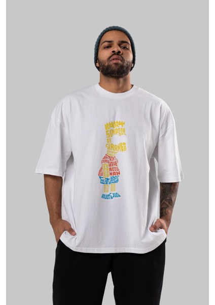 Bart Simpson Ön Baskılı Beyaz Oversize T-Shirt Erkek Kadın Bisiklet Yaka indirimleri