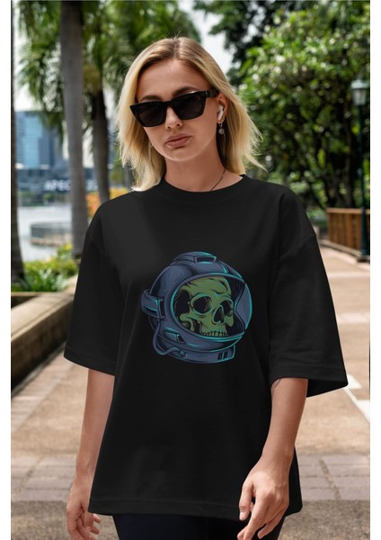 Astroskull Ön Baskılı Siyah Oversize T-Shirt Erkek Kadın Bisiklet Yaka