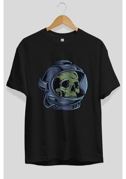 Astroskull Ön Baskılı Siyah Oversize T-Shirt Erkek Kadın Bisiklet Yaka modelleri