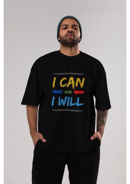 I Can And I Will Ön Baskılı Siyah Oversize T-Shirt Erkek Kadın Bisiklet Yaka fiyatları